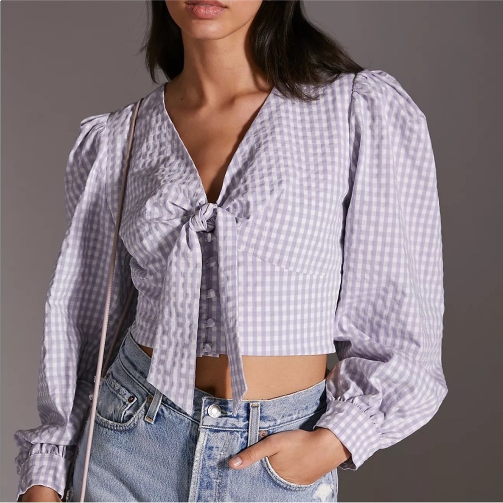 Maeve Anthropologie - Cropped Lavender Purple Gingham Blouse - Size 12